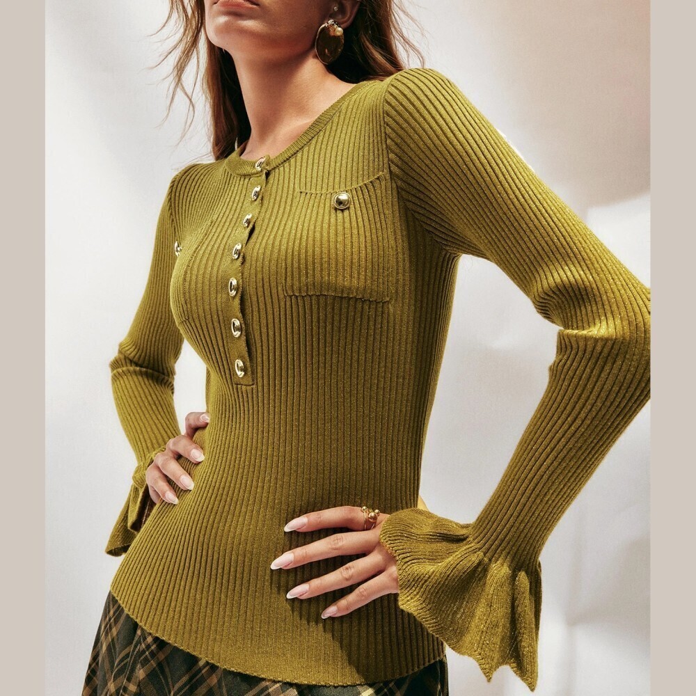 Olive Green / Gold Ribbed Knit Gold Button Bell Cuff Slim Fit Sweater